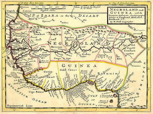 Côte des esclaves, carte des colonies européennes (1736)